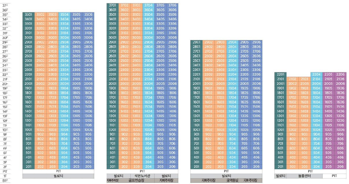 104동~107동 동·호수 배치도
